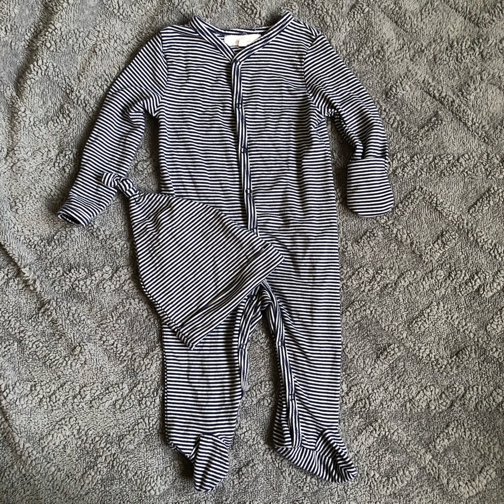 Striped Navy & White Footed Baby One-Piece with Knot Hat